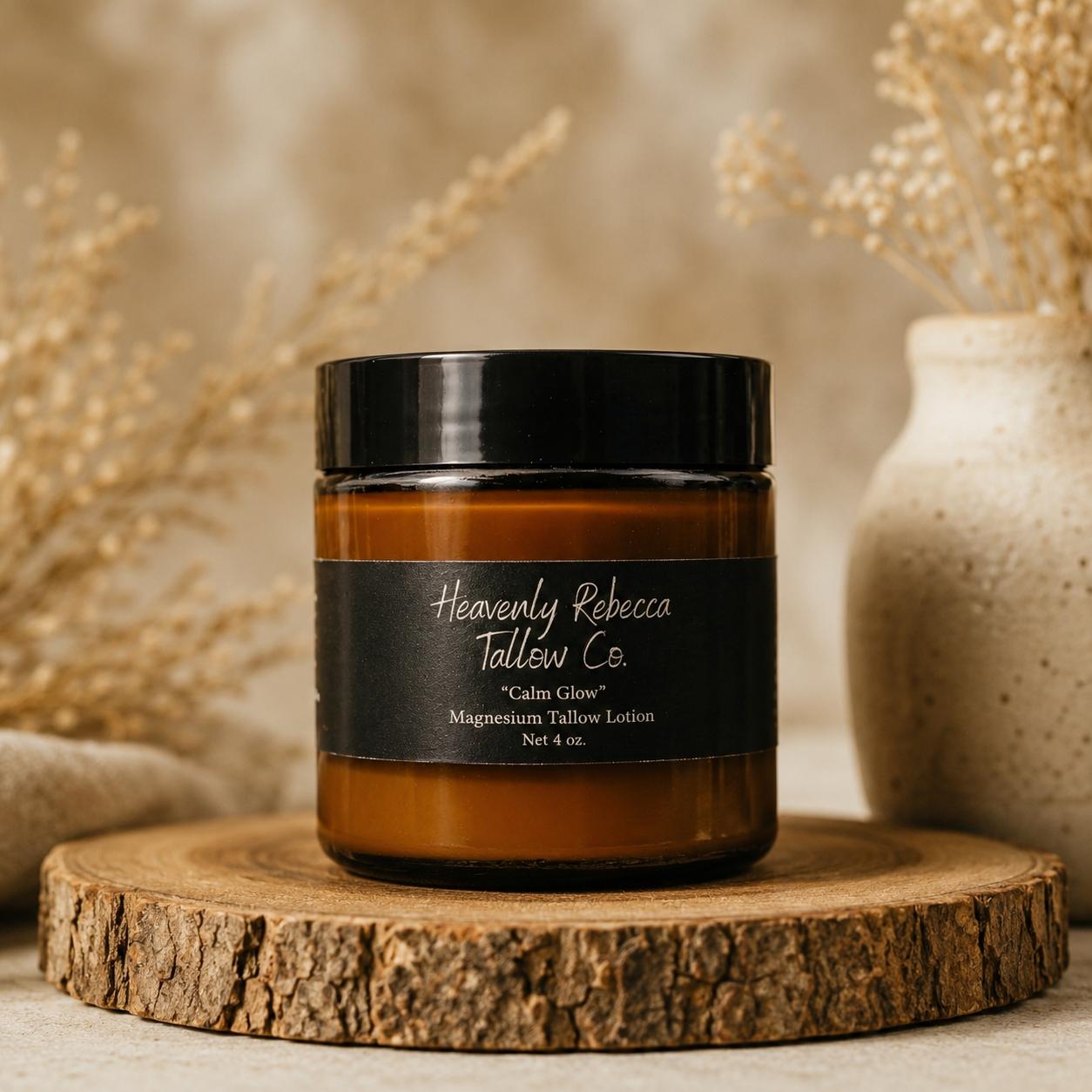 “Calm Glow” Magnesium Tallow Lotion-4oz Amber Glass Jar