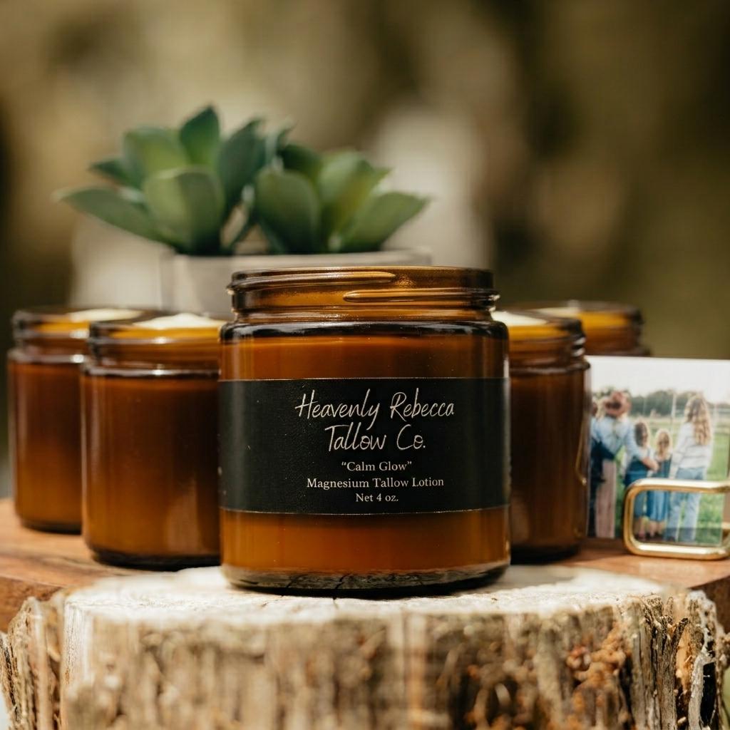 “Calm Glow” Magnesium Tallow Lotion-4oz Amber Glass Jar